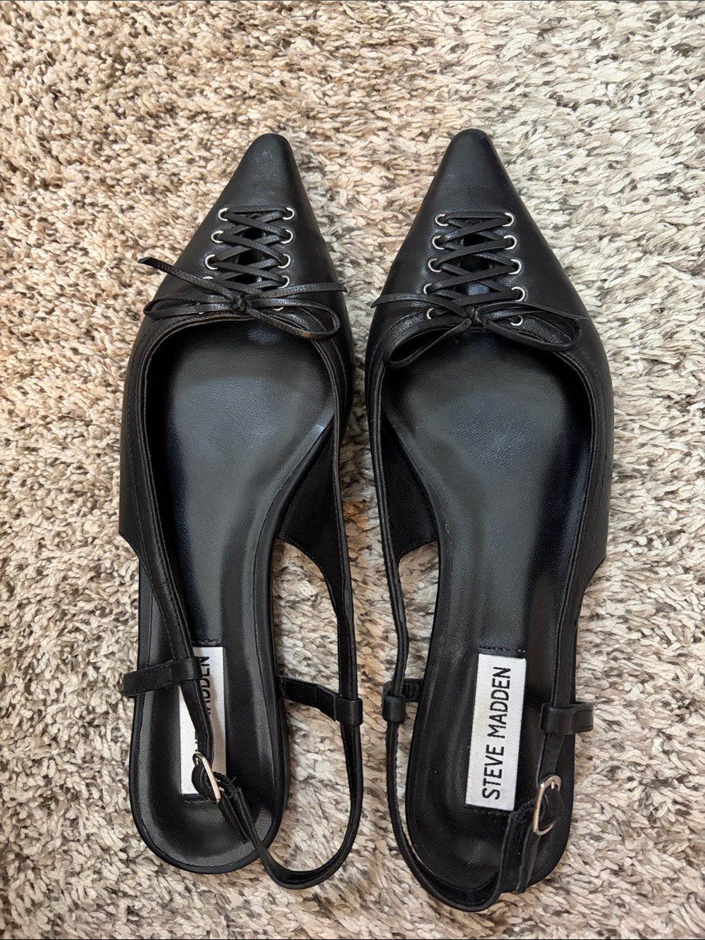 Steve Madden Black Pointed Lace-Up Slingback Flats with Bow